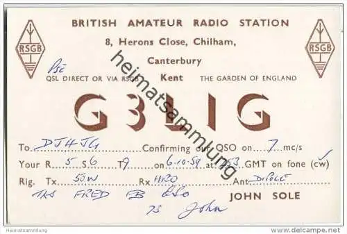 QSL - QTH - Funkkarte - G3LIG - England - Chilham - 1959