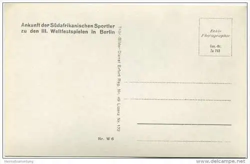 Ostberlin - Ankunft der Südafrikanischen Sportler zu den III. Weltfestspielen in Berlin (1951) - Foto-AK