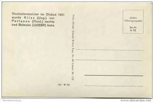 Ostberlin - Studentenmeister im Diskus 1951 wurde Klisz (Ungarn) vor Partanen (Finnland) rechts und Botenko (UdSSR) link