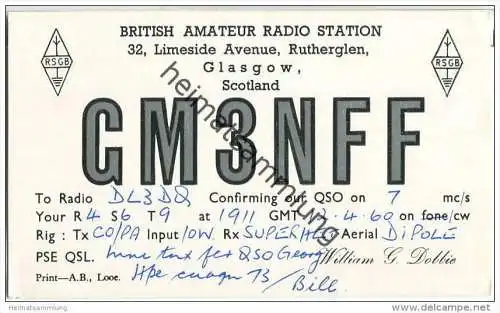 QSL - QTH - Funkkarte - GM3NFF - Scotland - Glasgow - 1960