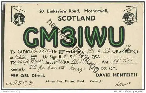 QSL - QTH - Funkkarte - GM3IWU - Scotland - Motherwell - 1953