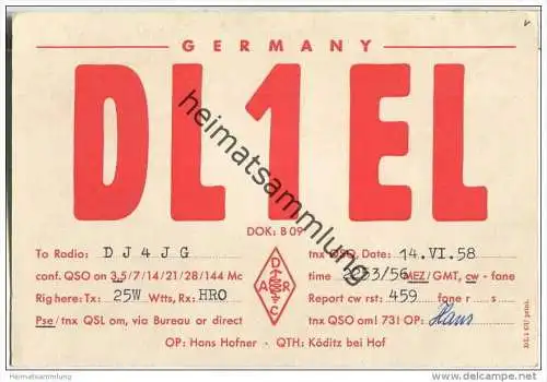 QSL - QTH - Funkkarte - DL1EL - Köditz bei Hof - 1958