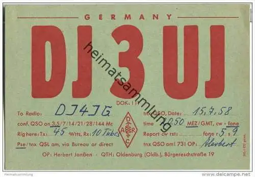 QSL - QTH - Funkkarte - DJ3UJ - Oldenburg - 1958