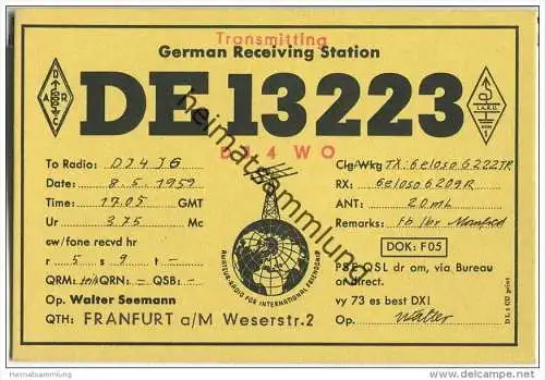 QSL - QTH - Funkkarte - DE13223 - Frankfurt am Main - 1959