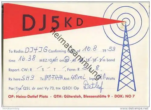 QSL - QTH - Funkkarte - DJ5KD - Gütersloh - 1959