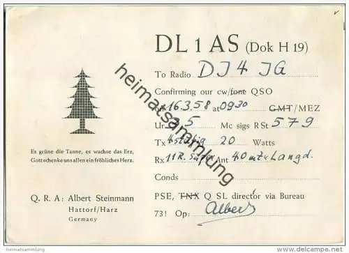 QSL - QTH - Funkkarte - DL1AS - Hattorf / Harz - 1958