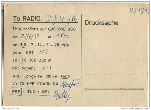 QSL - QTH - Funkkarte - DJ1PG - Braunschweig - 1959