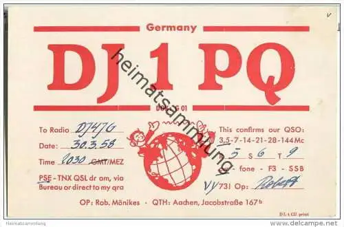 QSL - QTH - Funkkarte - DJ1PQ - Aachen - 1958