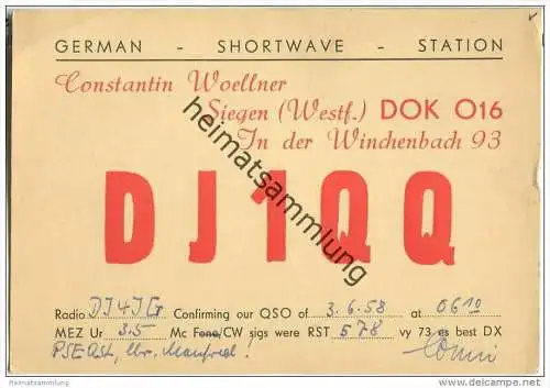 QSL - QTH - Funkkarte - DJ1QQ - Siegen - 1958