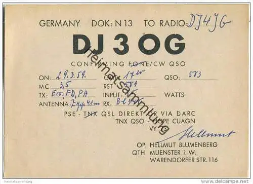 QSL - QTH - Funkkarte - DJ3OG - Münster - 1959