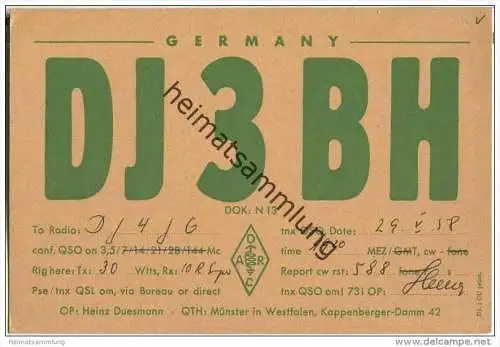 SL - QTH - Funkkarte - DJ3BH - Münster - 1958