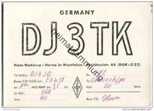 QSL - QTH - Funkkarte - DJ3TK - Herne - 1958