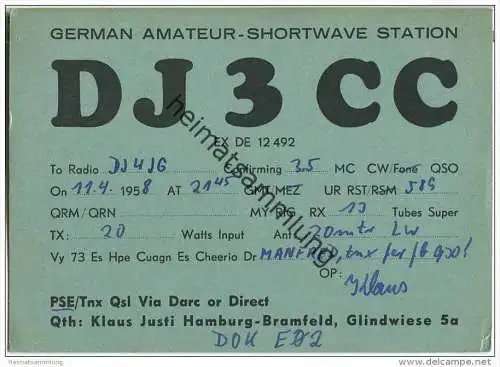 QSL - QTH - Funkkarte - DJ3CC - Hamburg-Bramfeld - 1958