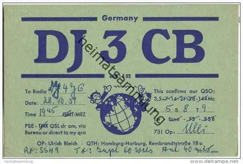 QSL - QTH - Funkkarte - DJ3CB - Hamburg-Harburg - 1959