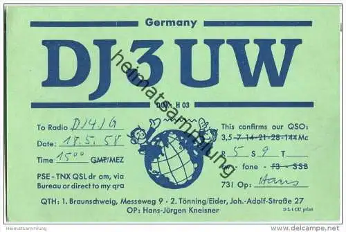 QSL - QTH - Funkkarte - DJ3UW - Braunschweig - 1958