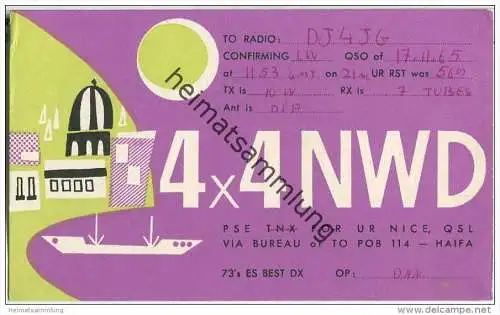 QSL - QTH - Funkkarte - 4X4NWD - Israel - Haifa - 1953