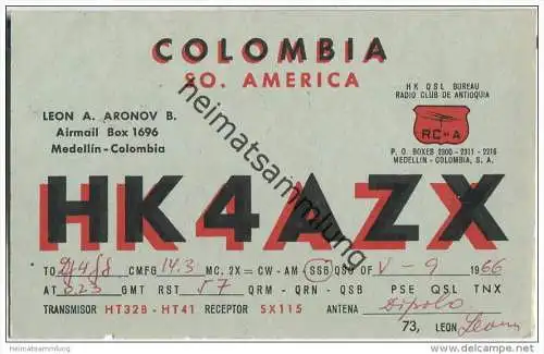 QSL - QTH - Funkkarte - VE3JZ - Colombia - Medellin - 1966