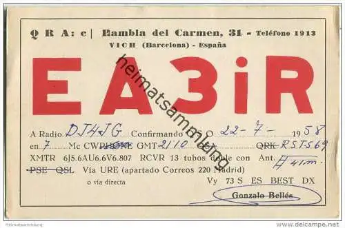 QSL - QTH - Funkkarte - EA3IR - Spanien - Vich - 1958