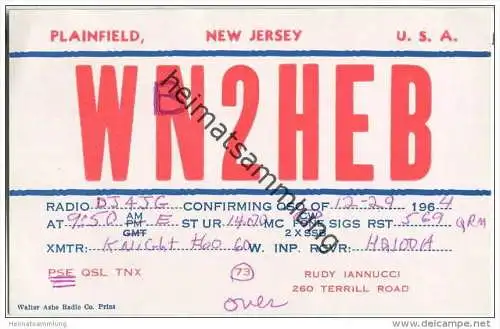 QSL - QTH - Funkkarte - WB2HEB - USA - Plainfield - 1964