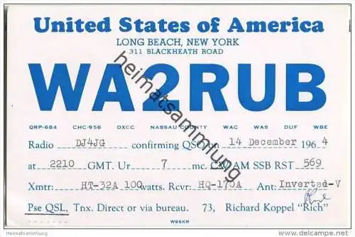 QSL - QTH - Funkkarte - WA2RUB - USA - New York - 1964