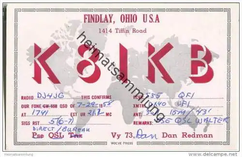 QSL - QTH - Funkkarte - K8IKB - USA - Findlay - 1958