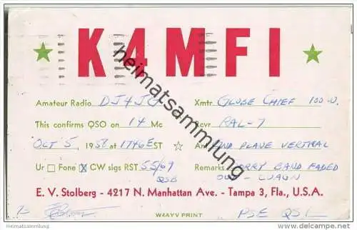 QSL - QTH - Funkkarte - K4MFI - USA - Tampa - 1958