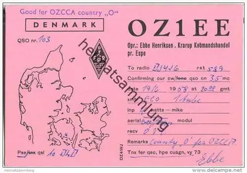 QSL - QTH - Funkkarte - OZ1EE - Denmark - Krarup Kobmandshandel pr. Espe - 1958