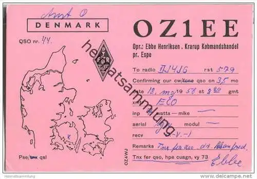 QSL - QTH - Funkkarte - OZ1EE - Denmark - Krarup Kobmandshandel pr. Espe - 1958