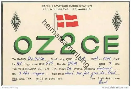 QSL - QTH - Funkkarte - OZ2CE - Aarhus - 1958