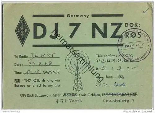 QSL - QTH - Funkkarte - DJ7NZ - Geldern - Veert - 1969