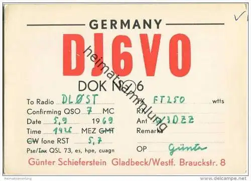 QSL - QTH - Funkkarte - DJ6VO - Gladbeck - 1969