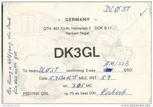QSL - QTH - Funkkarte - DK3GL - Fürth - 1969