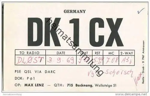 QSL - QTH - Funkkarte - DK1CX - Backnang - 1969