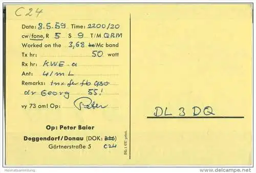 QSL - QTH - Funkkarte - DJ3YB - Deggendorf - Donau - 1958