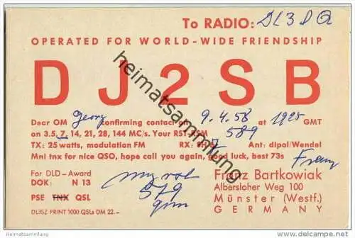 QSL - QTH - Funkkarte - DJ2SB - Münster - 1958