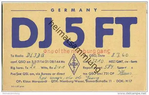 QSL - QTH - Funkkarte - DJ5FT - Nienburg - Weser - 1960