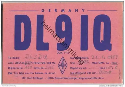 QSL - QTH - Funkkarte - DL9IQ - Kassel-Wolfsanger - 1959