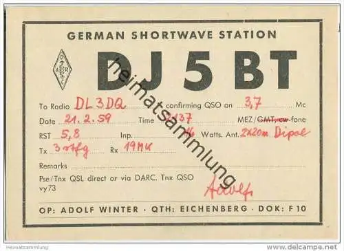 QSL - QTH - Funkkarte - DJ5BT - Eichenberg - 1959