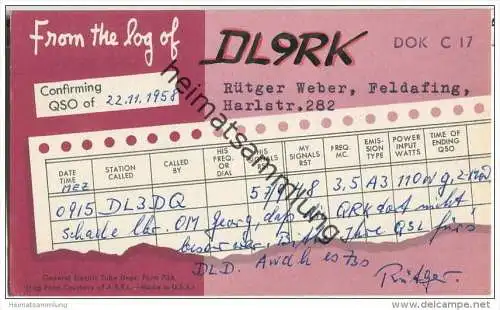 QSL - QTH - Funkkarte - DL3 KD - Feldafing - 1958