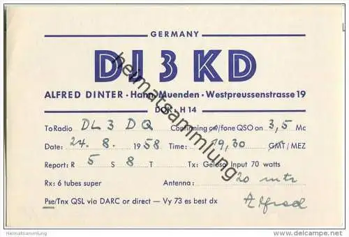 QSL - QTH - Funkkarte - DJ3KD - Hann. Münden - 1958