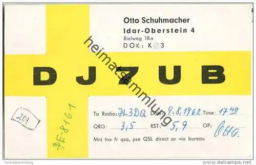 QSL - QTH - Funkkarte - DJ7UB - Idar-Oberstein - 1962