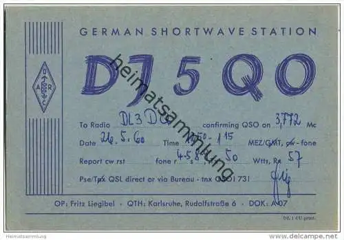 QSL - QTH - Funkkarte - DJ5QO - Karlsruhe - 1960