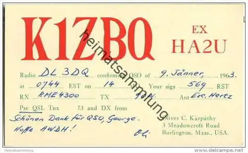 QSL - QTH - Funkkarte - K1ZBQ - USA - Burlington Mass. - 1963