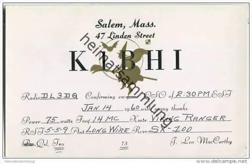 QSL - QTH - Funkkarte - K1BHI - USA - Salem Mass. - 1960