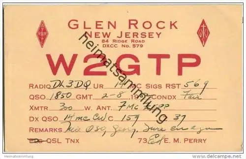 QSL - QTH - Funkkarte - W2GTP - USA - Glenn Rock - 1952