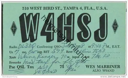 QSL - QTH - Funkkarte - W4HSJ - USA - Tampa 4 FLA. - 1958