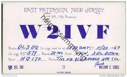 QSL - QTH - Funkkarte - W2IVF - USA - East Paterson New Jersey - 1960