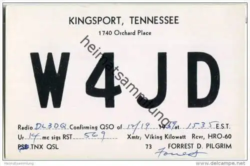 QSL - QTH - Funkkarte - W4JD - USA - Kingsport Tennessee - 1959