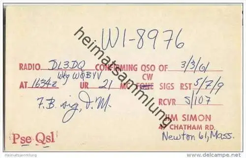 QSL - QTH - Funkkarte - WI-8976 - USA - Newton Mass. - 1961