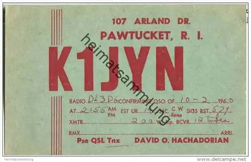 QSL - QTH - Funkkarte - K1JYN - USA - Pawtucket R. I. - 1960